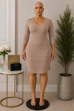 Hot Kiss Women's Brown and White Striped Ribbed Knit Three-Quarter Sleeve Curved